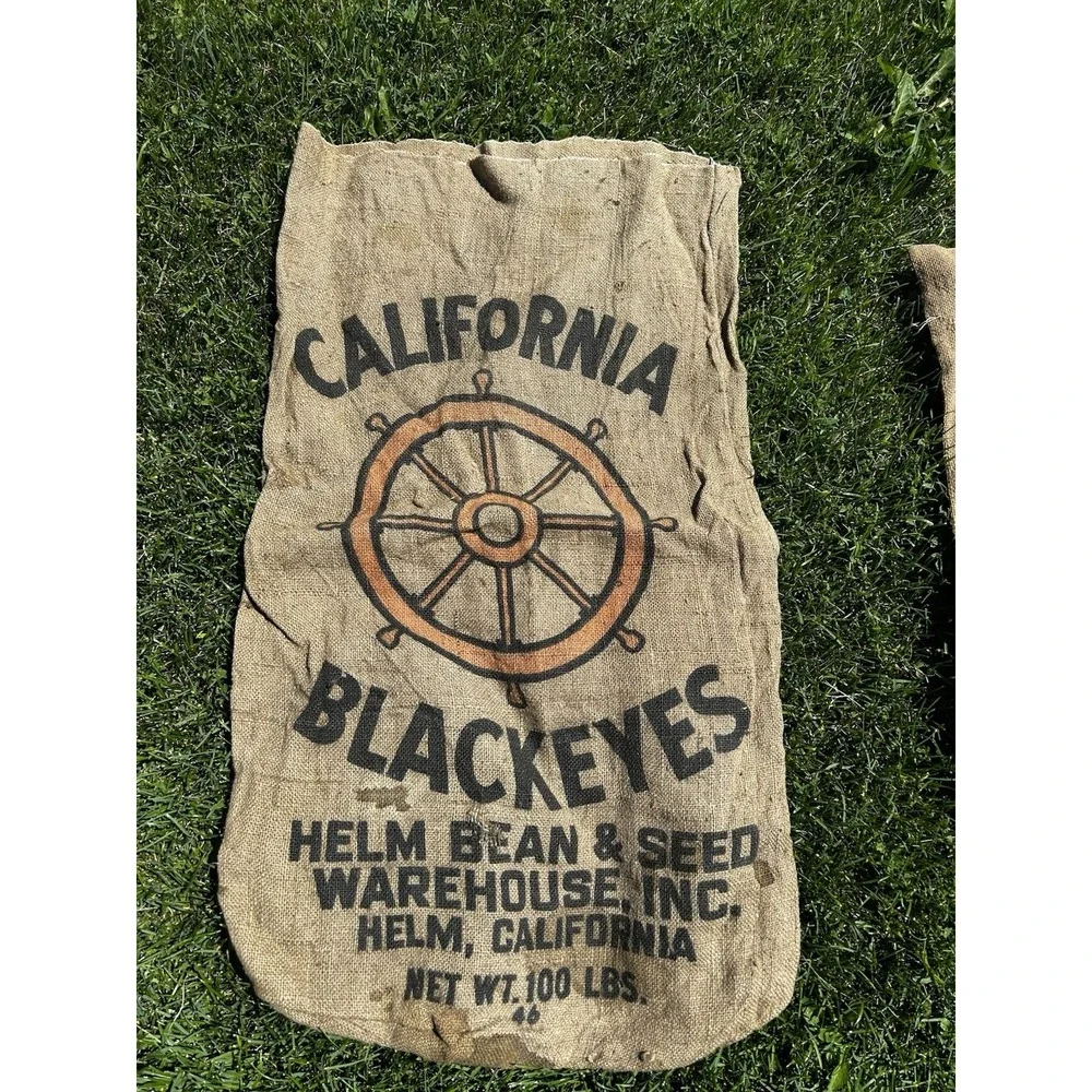 Vintage California Blackeyes Bean Seed Burlap Sack Helm CA 100 Lb Farm Bag